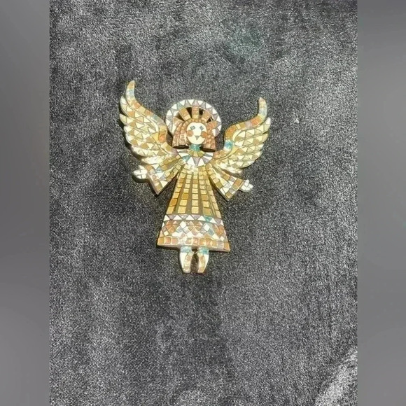 Designer Bob Mackie Vintage Gold Tone Large Mosaic Guardian Angel Enamel Brooch - Picture 2 of 3